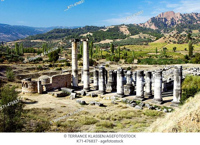 Columns, walls, altars and floors in the ruins of the Temple of Artemis in Sardis, Turkey