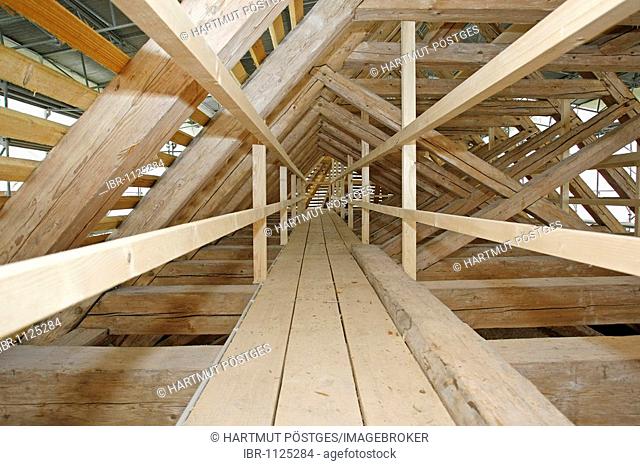 Intermediate status of the work on the roof structure, St. Leonhard church, Dietramszell, Bavaria, Germany
