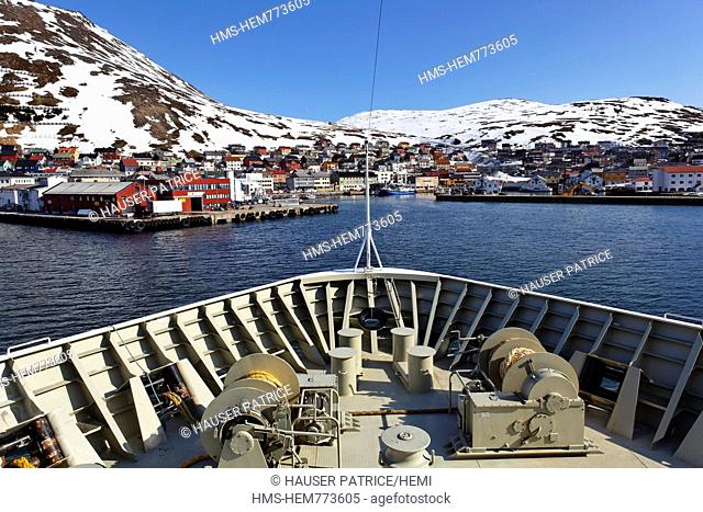 Norway, Lapland, County of Finnmark, island of Mageroy Mageroya, Honningsvag, stopover of Trollfjord boat, shipping company Hurtigruten which assures since 1893...