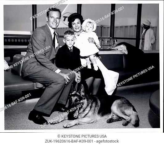 Jun. 16, 1962 - New York International Airport.. Actor Charlton Heston is shown with his wife, Lydia, two children, Fraser, 7 Holly, 10 months and dog, Drago
