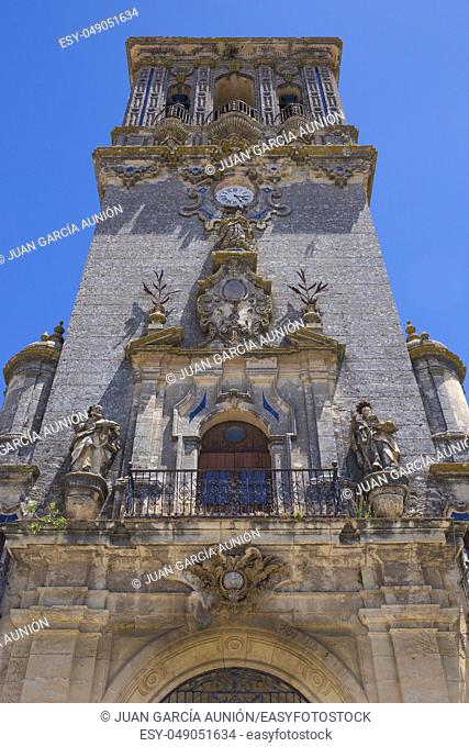 Church of Santa Maria de la Asuncion. White village Arcos de la Frontera, Cadiz, Andalusia, Spain