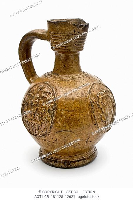 Stoneware jug be decorated with cartouches, slender neck and broadened neck edge, dated, jug crockery holder soil find ceramic stoneware glaze salt glaze h 16