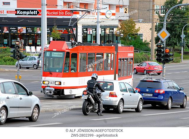 Tram in traffic in Cottbus, Brandenburg, Germany