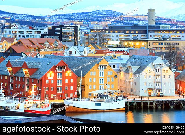 Aerial view of Tromso Cityscape at dusk Norway