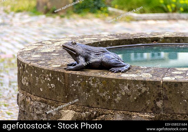 metallic frog sculpture on a well at the Schoental Abbey located in Hohenlohe, a area in Southern Germany at summer time