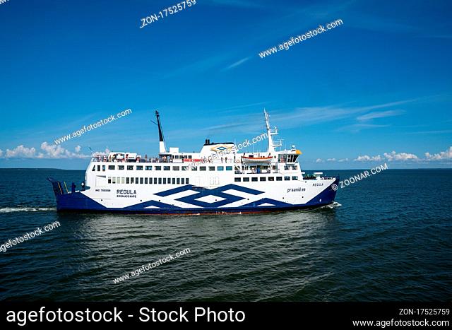 Kuihatsu, Estonia - 13 August, 2021: view of the passenger ferry traveling from Saaremaa Island to Virtsu on the Estonian mainland