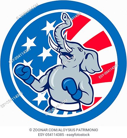 Illustration of a republican elephant boxer mascot of the republican party with stars and stripes in the background set inside circle done in cartoon style