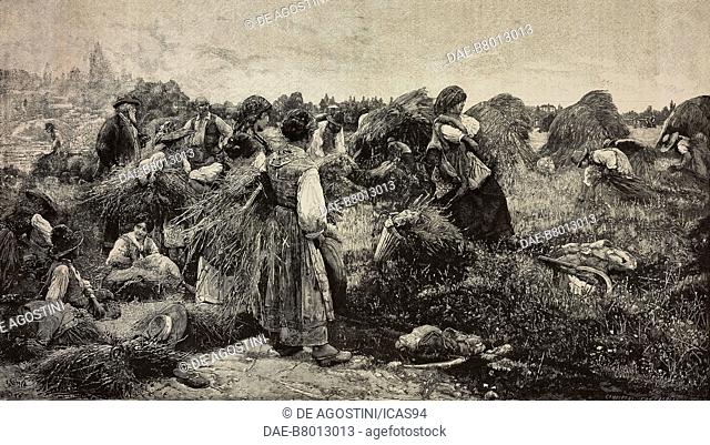 Ruth, peasants with straw bundles, engraving by Francesco Giovanni Cantagalli and G Gamberoni from a photo by G B Brusa, from L'Illustrazione Italiana, No 20