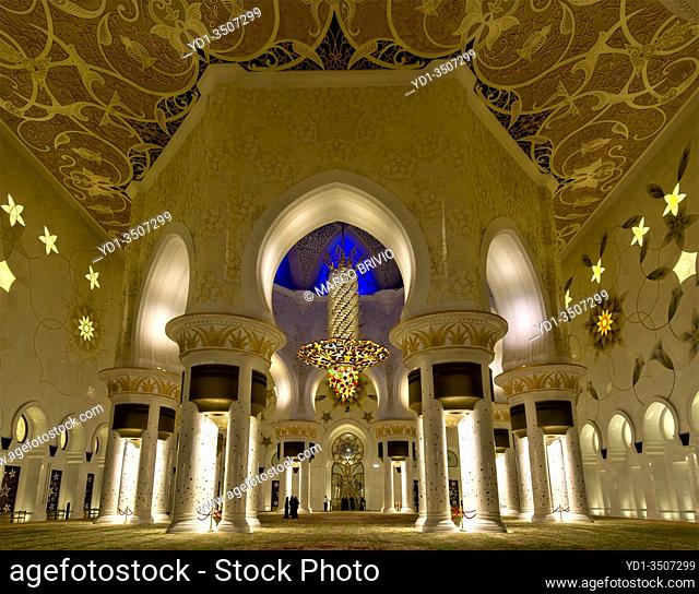 Abu Dhabi. United Arab Emirates. Interiors of the Sheikh Zayed Grand Mosque. January 2020