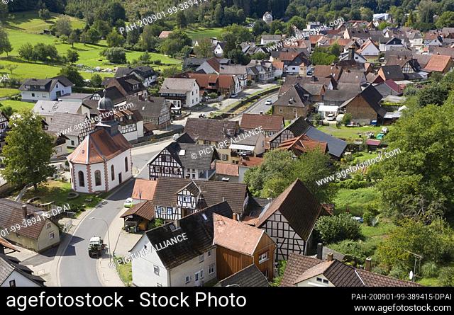 01 September 2020, Hessen, Bergheim: The center of Bergheim near Ortenberg in the Wetterau (aerial view with a drone). According to a local inhabitant