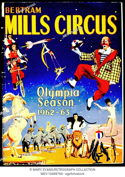 Poster design for Bertram Mills Circus, Olympia Season 1962-63. Showing a variety of acts: a clown, a horse and elephants standing on their hind legs