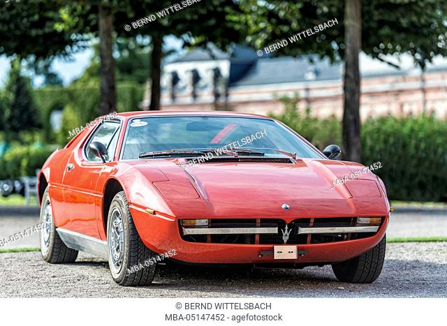 Schwetzingen, Baden-Württemberg, Germany, Maserati Merak, year of manufacture 1976 at the Classic gala, Concours d'Elégance in the baroque castle grounds
