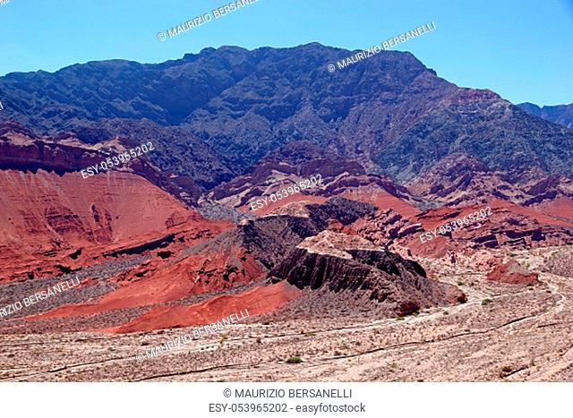 Landscape at the Quebrada de las Conchas in the Calchaqui Valley, near Cafayate, Argentina. It is a valley in the northwestern region of Argentina and it is...