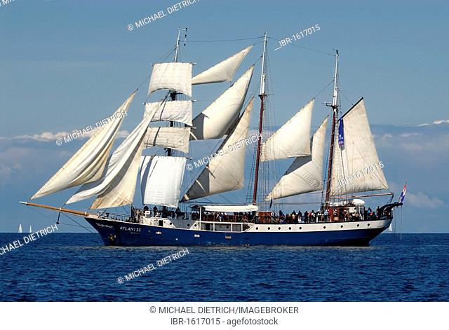 Fully rigged three-masted schooner, Atlantis, traditional ship, tall ship, Kiel Week 2010, Kiel Fjord, Schleswig-Holstein, Germany, Europe