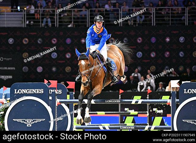 Gilles Thomas with his horse Luna Van Het Dennehof from the Valkenswaard United team competes in the Global Champions Prague Playoffs