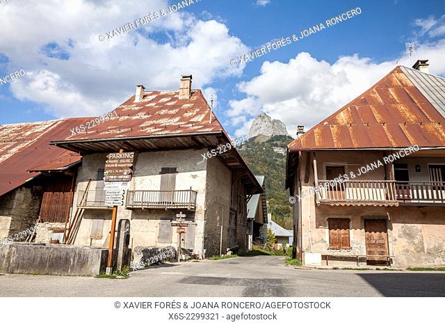View of the Dent de Pleuven peak and Jarsy village in the Massif des Bauges, Savoie, Rhône-Alpes, France