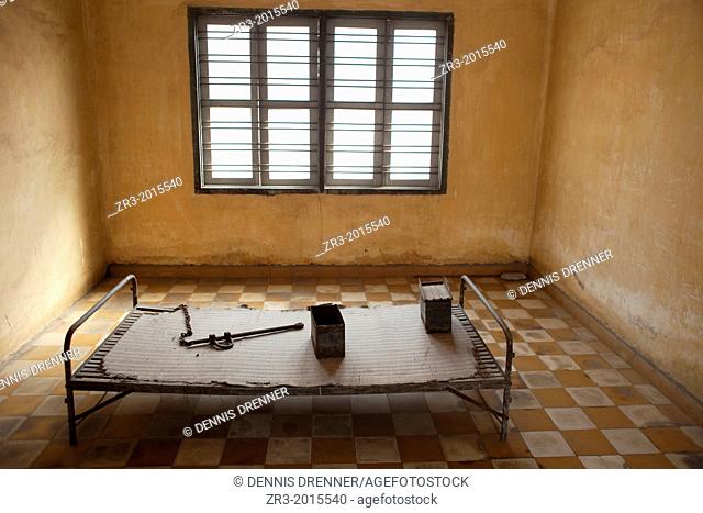 Iron bed formerly used for prisoners at the Toul Sleng Genocide Museum in Phnom Penh, Cambodia