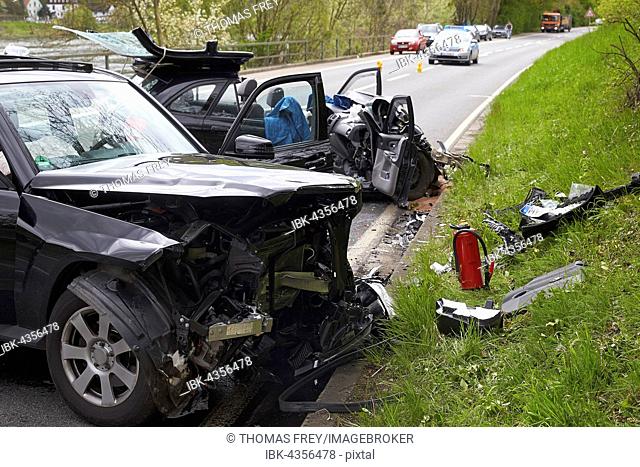 Wrecked cars in traffic accident, Highway 416 near Winningen, Rhineland-Palatinate, Germany