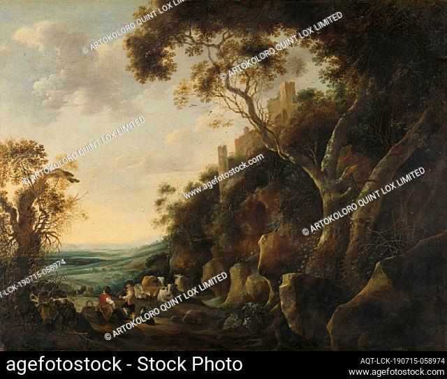 Landscape with Herdsmen, Hill landscape with shepherds. On the right a hill with a ruin on top. At the front left are a shepherd and a shepherdess with a dog