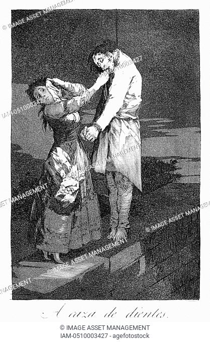 Out hunting for teeth', 1799  Plate 12 of 'Los caprichos'  By Francisco Jose de Lucientes y Goya