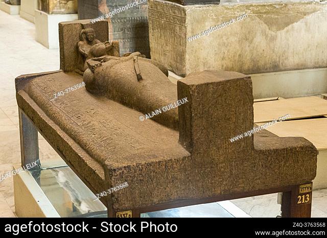 Egypt, Cairo, Egyptian Museum, granite outer sarcophagus of king Psusennes I, reused from king Merenptah. Found in the royal necropolis of Tanis