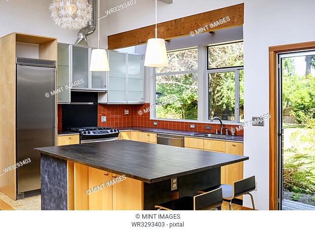 Countertop and lights in modern kitchen