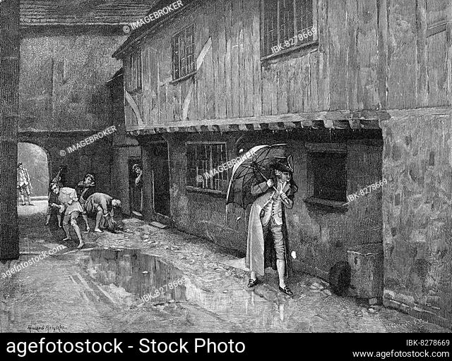 Der erste Regenschirm, Mann mit einem Regenschirm, nach einem Gemälde von Rowland Holyoake, Historisch, digitale Reproduktion einer Originalvorlage aus dem 19