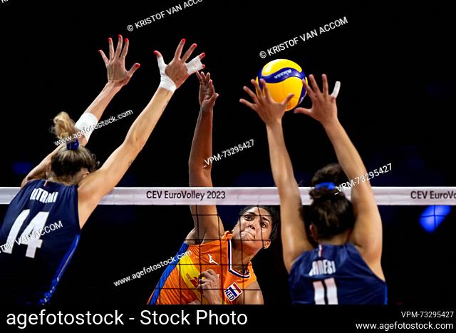 Dutch Celeste Plak pictured in action during a volleyball game between Italy and The Netherlands, Sunday 03 September 2023 in Brussels