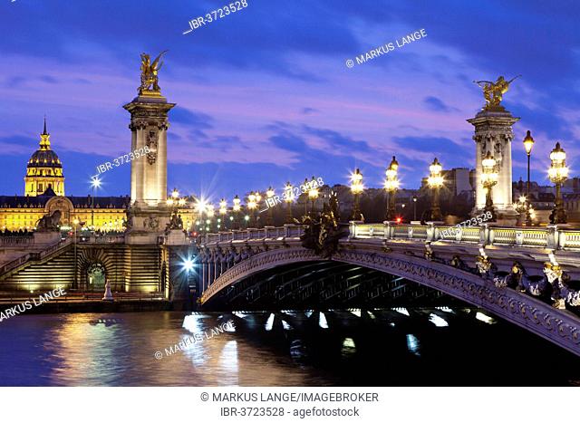 Pont Alexandre bridge, Seine River and Les Invalides, Paris, Ile-de-France, France