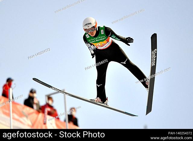 Nozomi MARUYAMA (JPN), action, jump. Ski Jumping Women Normal Hill Team, ski jumping normal hill, team jumping women FIS Nordic World Ski Championships 2021 in...