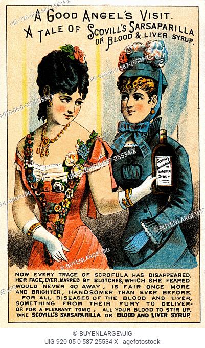 A Victorian medical tradecard for a quack medical cure for a panacea of conditions. The card shows two women smiling with a bottle of the medicine