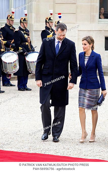 Spanish King Felipe and Queen Letizia arrives in front of the Elysee palace in Paris, France, 24 March 2015. The Spanish royal couple's state visit in Paris has...