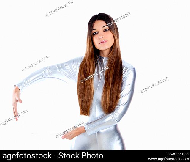 futuristic silver woman holding glass helmet