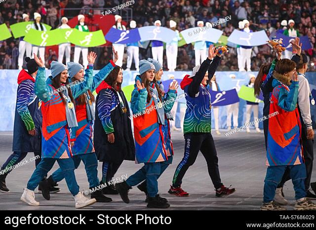 RUSSIA, KEMEROVO - MARCH 4, 2023: Athletes attend the closing ceremony of the 2nd Winter Children of Asia International Sports Games at Kuzbass Ice Palace
