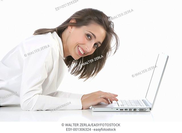girl lying on the desk in front of the computer