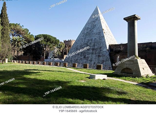 Caio Cestio's Pyramid seen from Non-Catholic Cemetery, Rome, Lazio, Italy