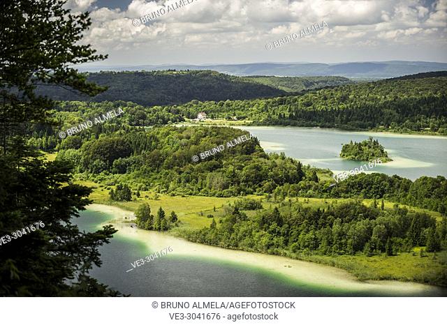 View of Le Grand Maclu and Motte ou d'Ilay lakes (department of Jura, region of Bourgogne-Franche-Comté, France)