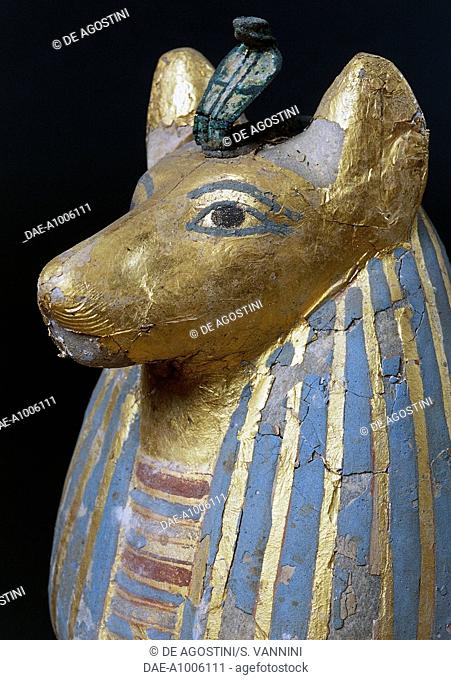 Head of a jackal, symbol of the god Anubis, with the Uraeus as a head ornament, detail from an alabaster and gold leaf canopic jar of Psusennes I