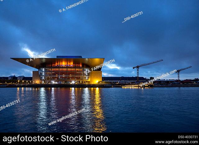 Copenhagen, Denmark An evening view of the Copenhagen Opera House on Holmen Island