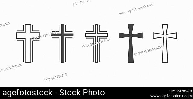 Flat Vector Black Christian Cross Icons Set Isolated on a White Background. Line Silhouette Cut Out Christian Crosses Collection