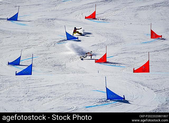 Czech snowboarder Ester Ledecka, right, competes during the women's parallel giant slalom qualifications at Zhangjiakou National CC Skiing Centre, China