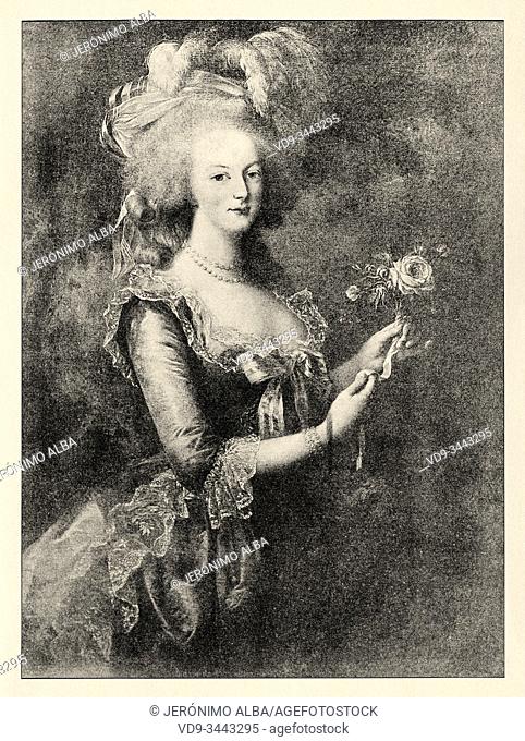 Portrait of Marie Antoinette, 1755-1793. Wife of King Louis XVI and last Queen of France. History of France, old engraved illustration image from the book...