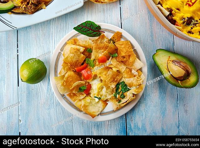 Migas, Tex-Mex cuisine, diced onions, sliced chile peppers, diced fresh tomatoes, or cheese, , Traditional assorted dishes, Top view