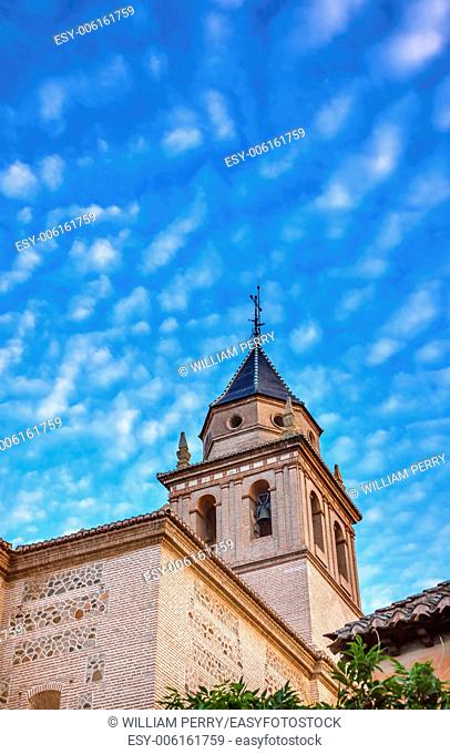 Santa Maria Church Alhambra Granada Andalusia Spain. Alhambra is the last Moorish Moslem Palace that was conquered by King Ferdinand and Queen Isabella in 1492