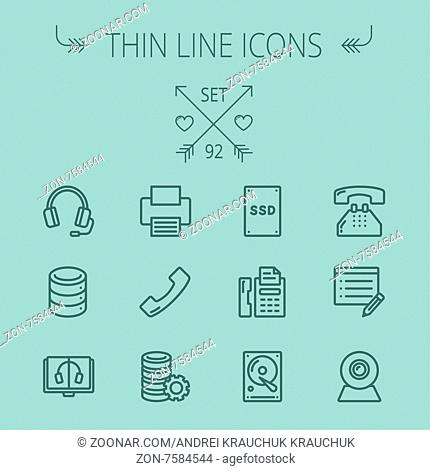 Technology thin line icon set for web and mobile. Set includes - headphones, server, printer, fax machine, telephone receiver, SSD, web cam