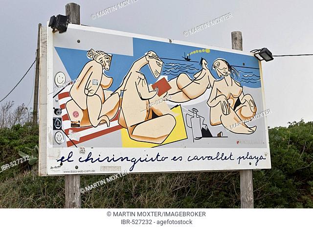 Sign for Es Cavallet beach, Ibiza, Balearen, Spanien