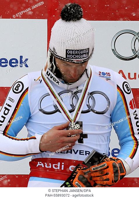 Fritz Dopfer of Germany (silver) during the winner's presentation of the mens slalom at the Alpine Skiing World Championships in Vail - Beaver Creek, Colorado