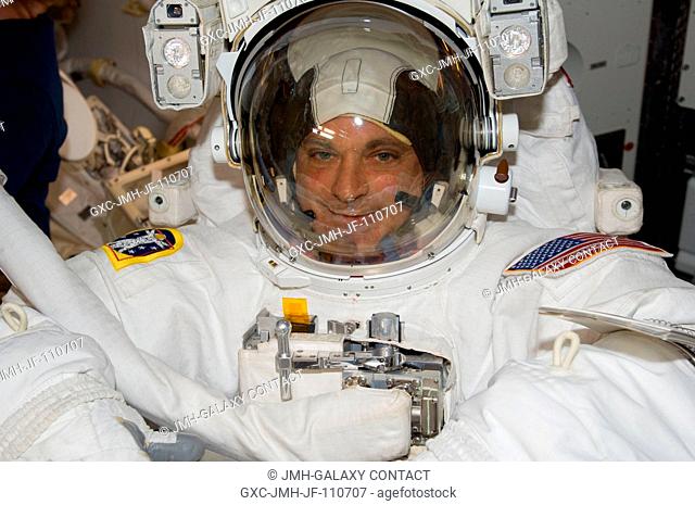 Astronaut Dave Wolf, STS-127 mission specialist, is just about ready to participate in Endeavour's third space walk of a scheduled five overall for this flight