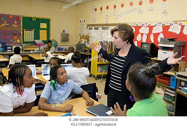 Detroit, Michigan - Randi Weingarten, president of the American Federation of Teachers, visits a third grade class at the Palmer Park Preparatory Academy...