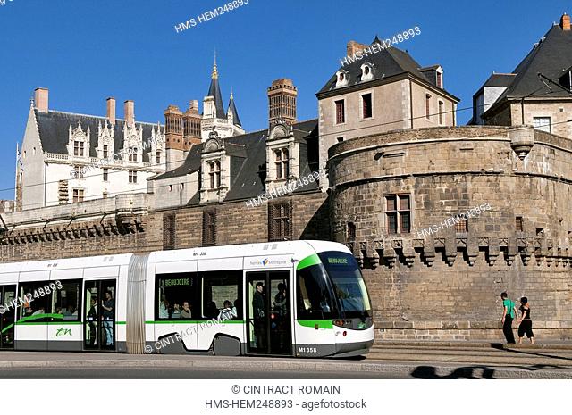 France, Loire Atlantique, Nantes, tramway and chateau des Ducs de Bretagne Dukes of Brittany Castle